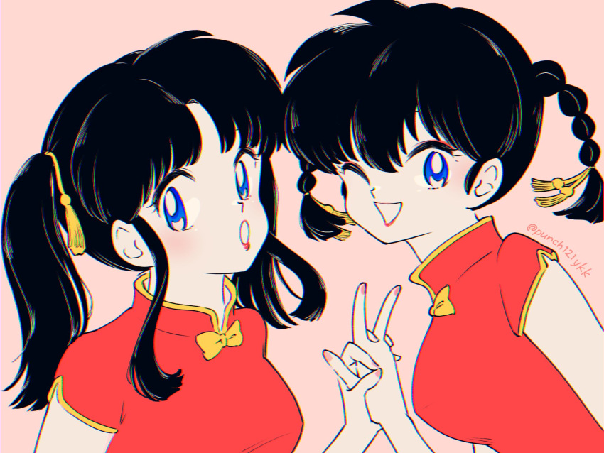 2girls, :o, ;d, black_hair, blue_eyes, braid, dress, eyeshadow