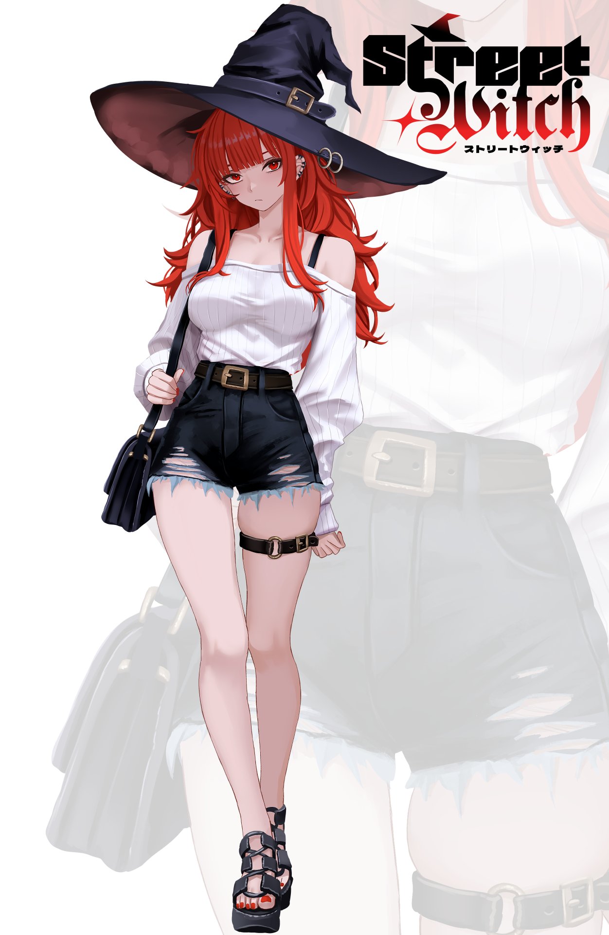 1girl, bag, bare_shoulders, belt, belt_buckle, black_belt, black_hat, breasts