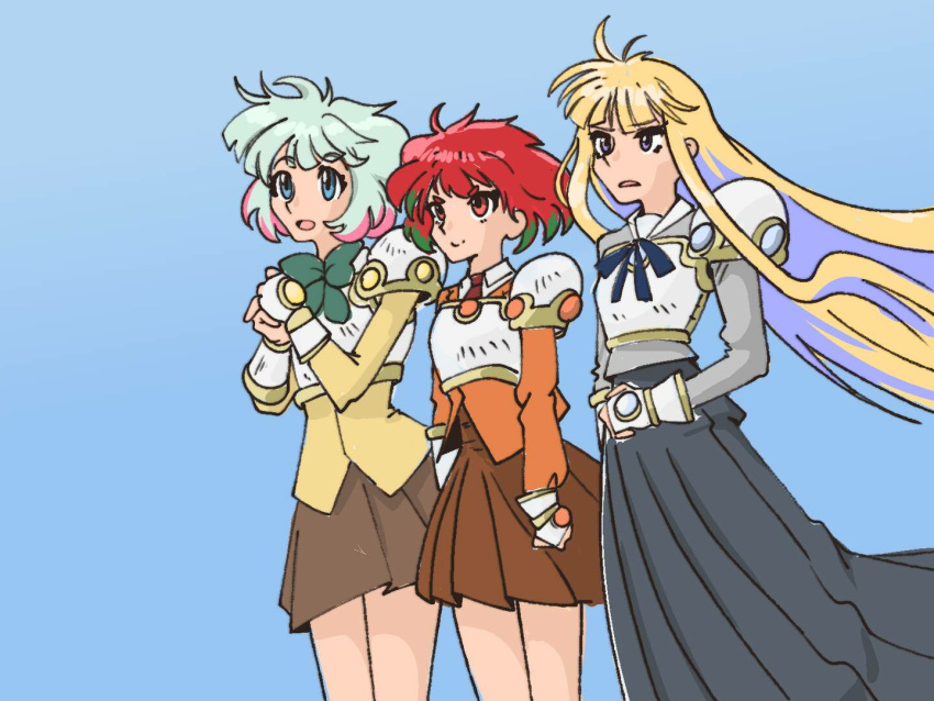 3girls, armor, armored_dress, blonde_hair, blue_background, blue_eyes, blue_hair, brown_skirt