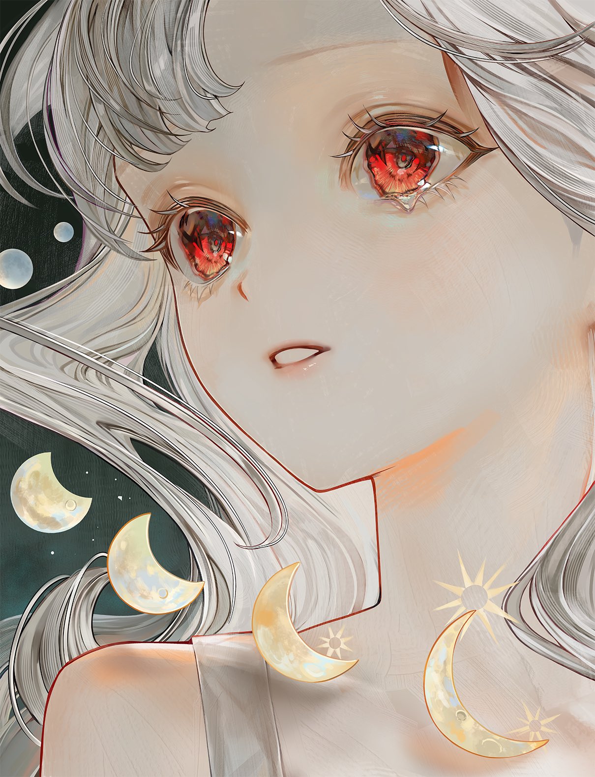 1girl, albino, black_background, colored_eyelashes, commentary, crescent_moon, floating_hair, highres