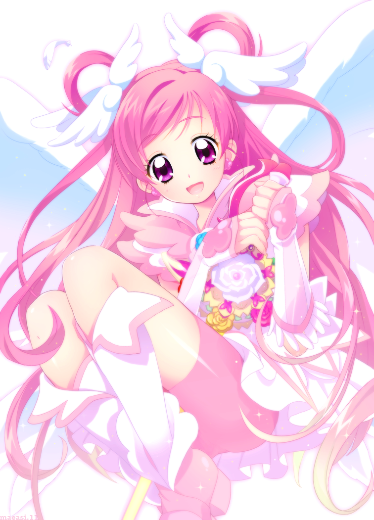 angel_wings, bike_shorts, boots, cure_dream, dress, flower, gloves, hair_rings, long_hair, maeashi, magical_girl, pink, pink_hair, precure, pretty_cure, purple_eyes, shining_dream, shorts_under_skirt, smile, solo, violet_eyes, wings, yes!_precure_5, yumehara_nozomi