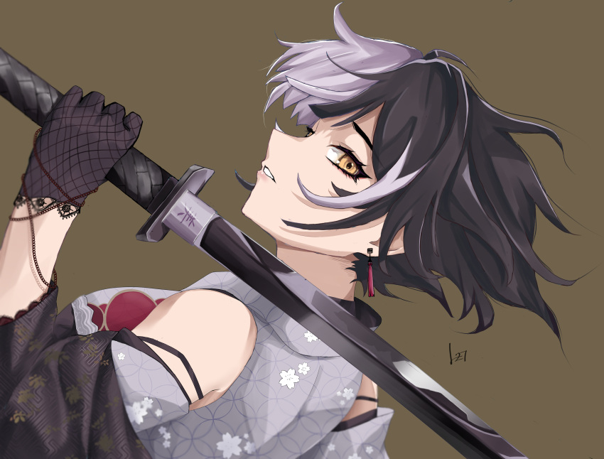 1girl, absurdres, black_gloves, black_hair, brown_background, commentary_request, floral_print, floral_print_kimono