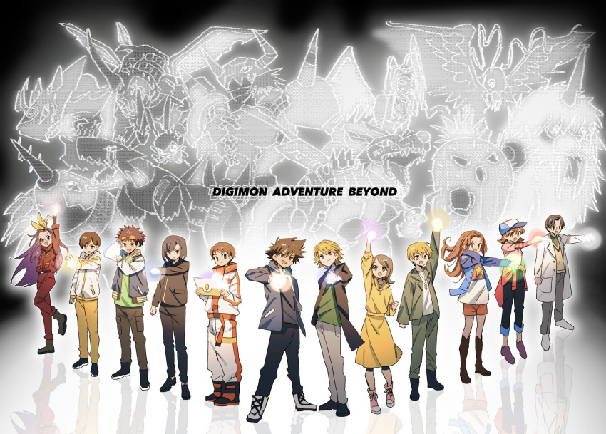 arm_up, birdramon, black_boots, black_hair, black_jacket, black_pants, black_shirt, blonde_hair