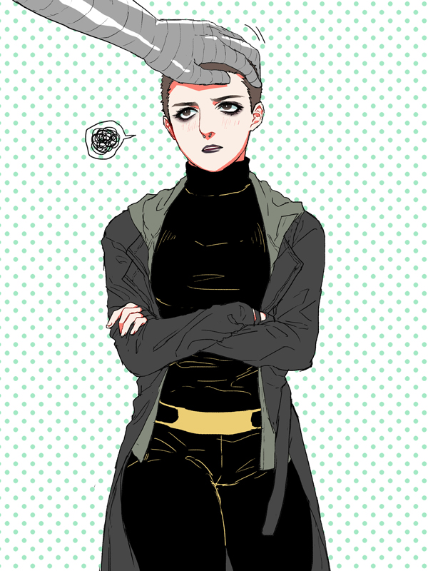 1girl, belt, black_lips, black_pants, black_shirt, blush, bright_pupils, brown_eyes