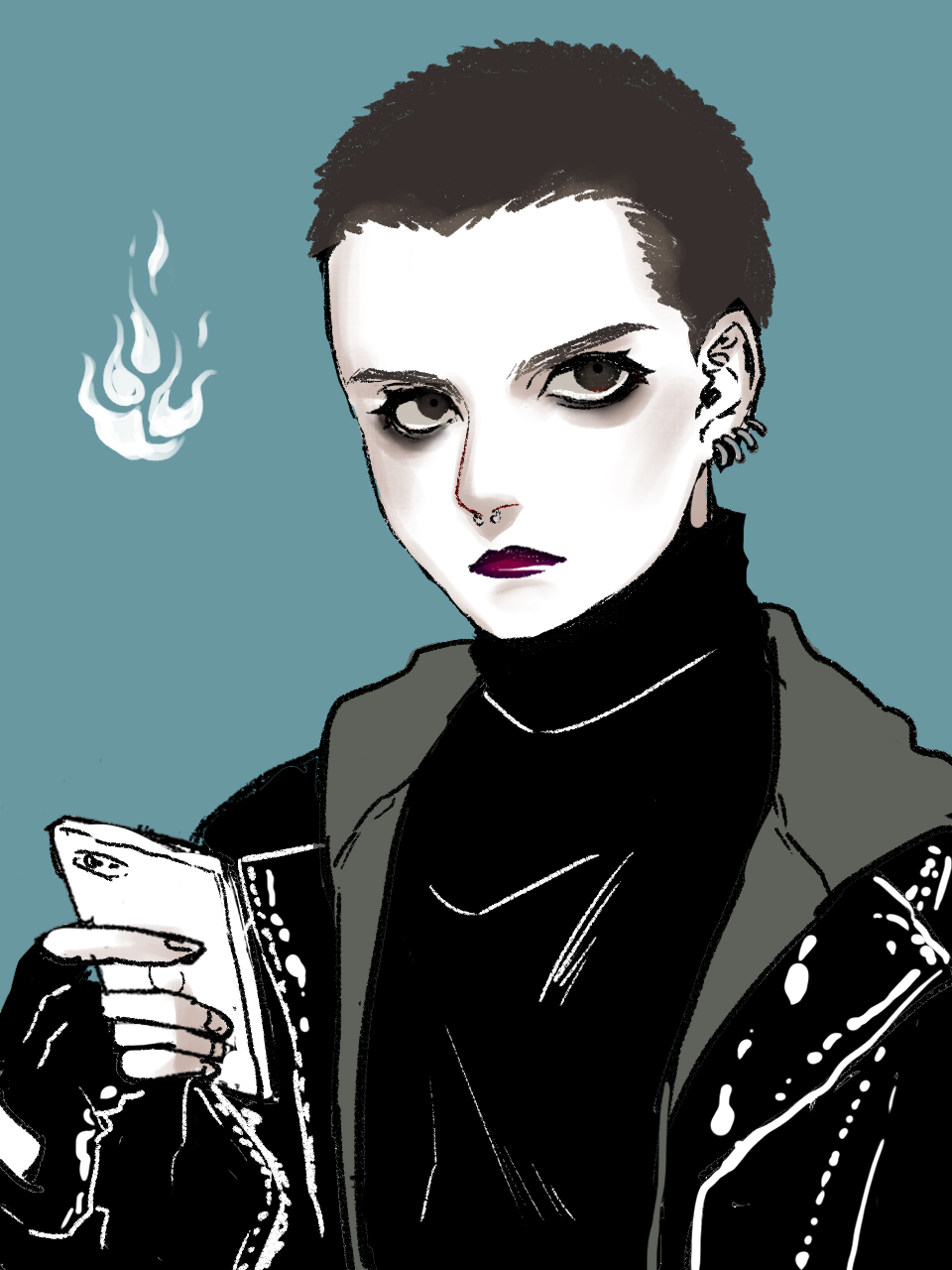 1girl, black_eyes, black_hair, blue_background, buzz_cut, cellphone, closed_mouth, commentary_request