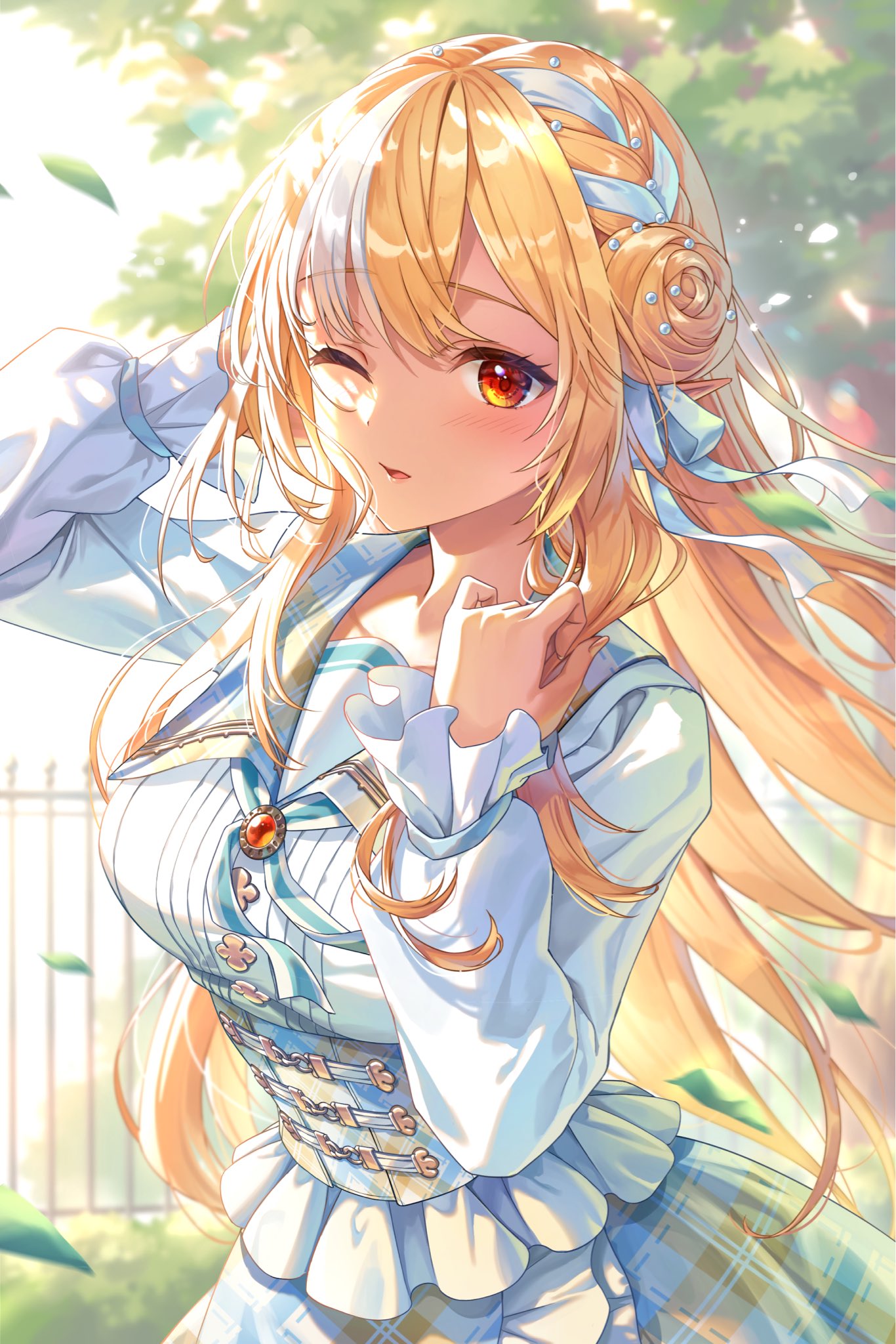 1girl, blonde_hair, blue_cross_tie, blue_skirt, blush, braid, breasts, collared_shirt