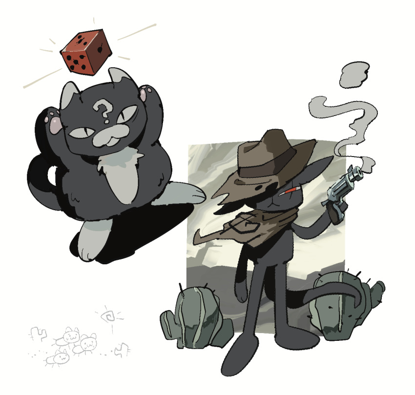 2boys, arms_up, brown_hat, cactus, cat_boy, cat_tail, commentary, cowboy_hat, dice, english_commentary, facial_mark, forehead_mark, full_body, furry, furry_male, gambit_(mewgenics), gun, hat, hat_over_one_eye, highres, holding, holding_gun, holding_weapon, male_focus, mewgenics, multiple_boys, neckerchief, one_eye_covered, pawpads, red_eyes, scar, scar_across_eye, scar_on_face, simple_background, slit_pupils, smoke, smoking_barrel, soumenhiyamugi, standing, tail, weapon, white_background, zodiac_(mewgenics)