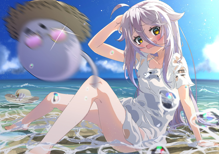 1girl, absurdres, ahoge, beach, blush, gelillust, grey_hair, hair_between_eyes