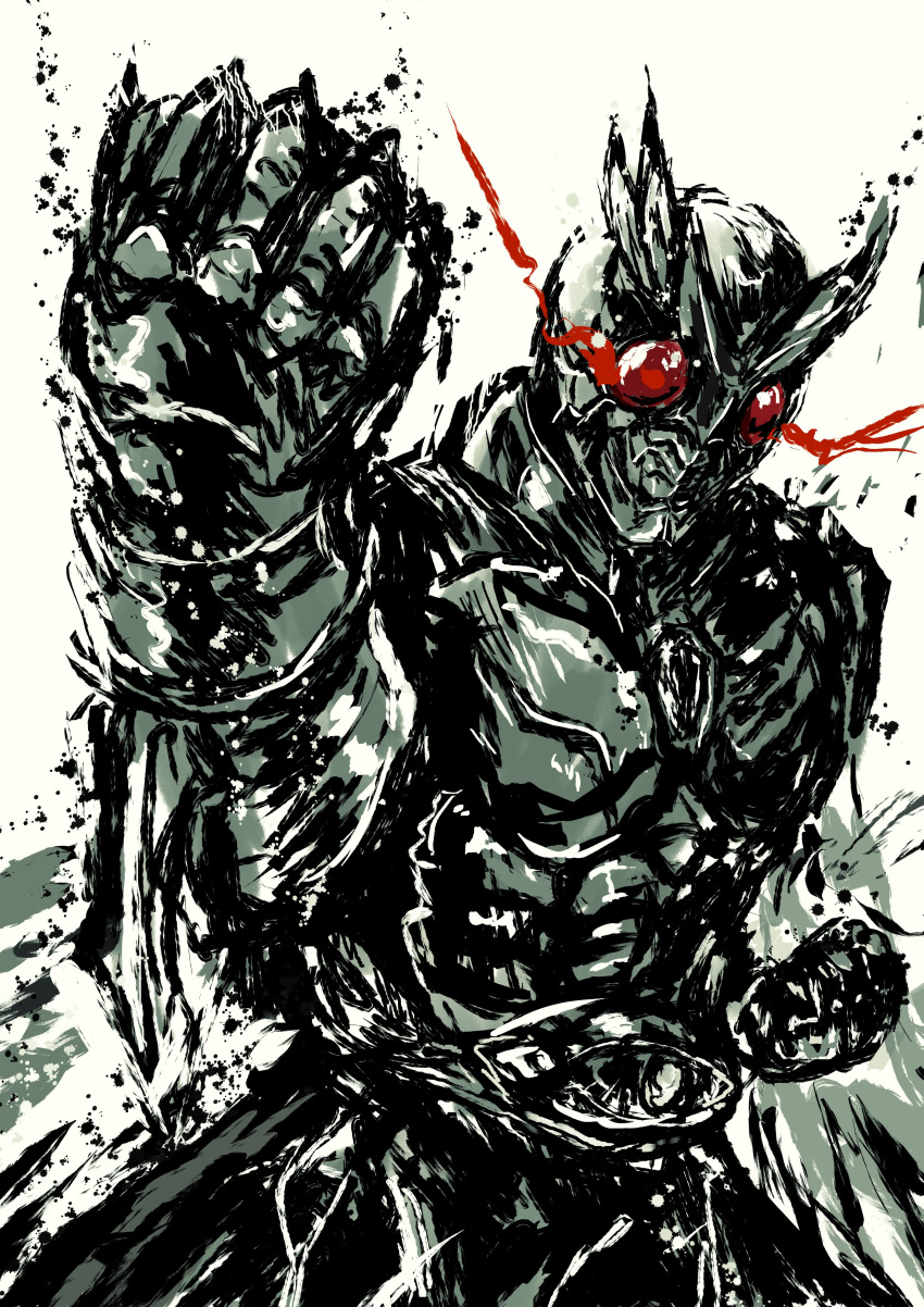 1boy, absurdres, another_agito, antennae, armor, belt, clenched_hand, clenched_hands, commentary_request, compound_eyes, cowboy_shot, faux_traditional_media, fighting_stance, glowing, glowing_eyes, highres, hiroki_(hiroki-black), horns, kamen_rider, kamen_rider_agito_(series), male_focus, organic, red_eyes, scarf, simple_background, solo, standing, teeth, watercolor_effect, weapon, white_background