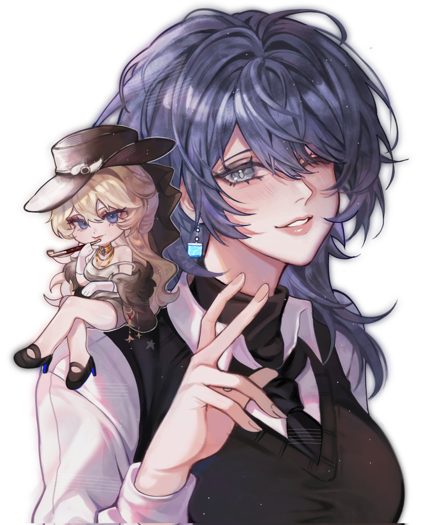 2girls, black_necktie, blonde_hair, chibi, collared_shirt, crossed_legs, hand_up, hat