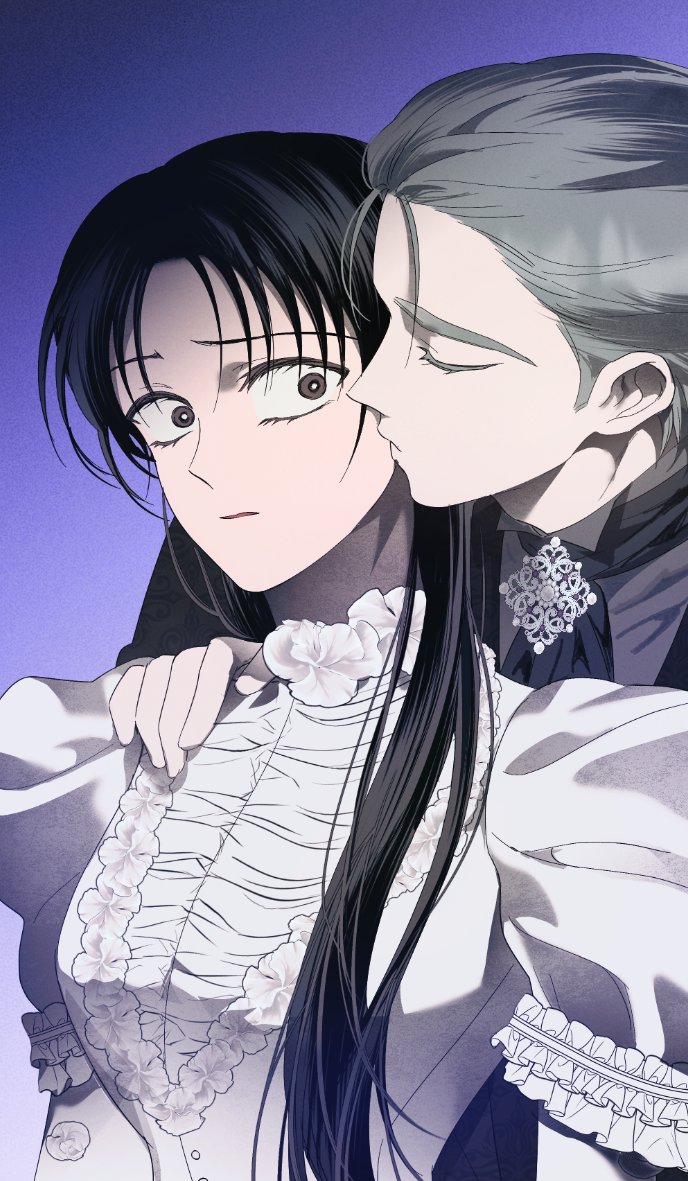 1boy, 1girl, black_hair, black_suit, blue_background, bride, closed_eyes, dress