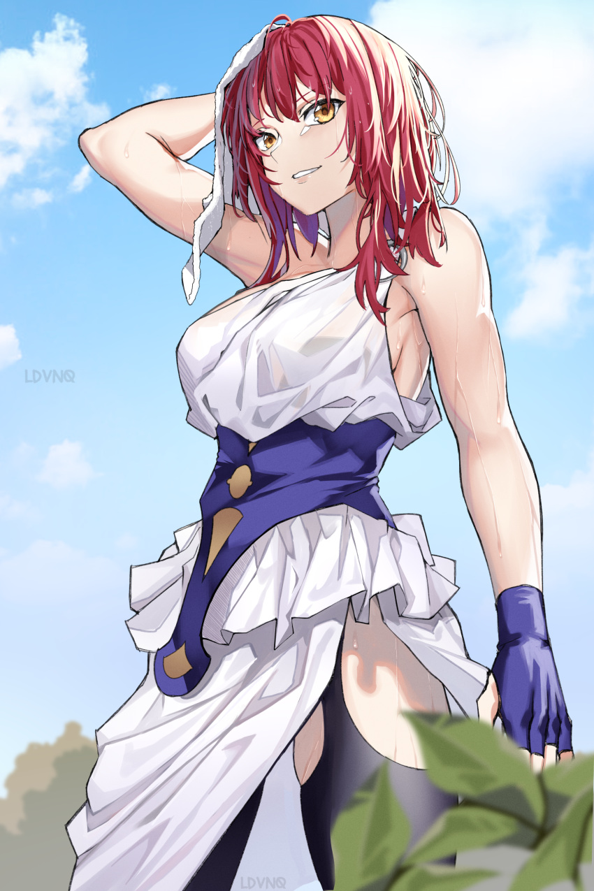 1girl, absurdres, after_workout, alternate_hairstyle, ancient_greek_clothes, bare_shoulders, black_thighhighs, breasts