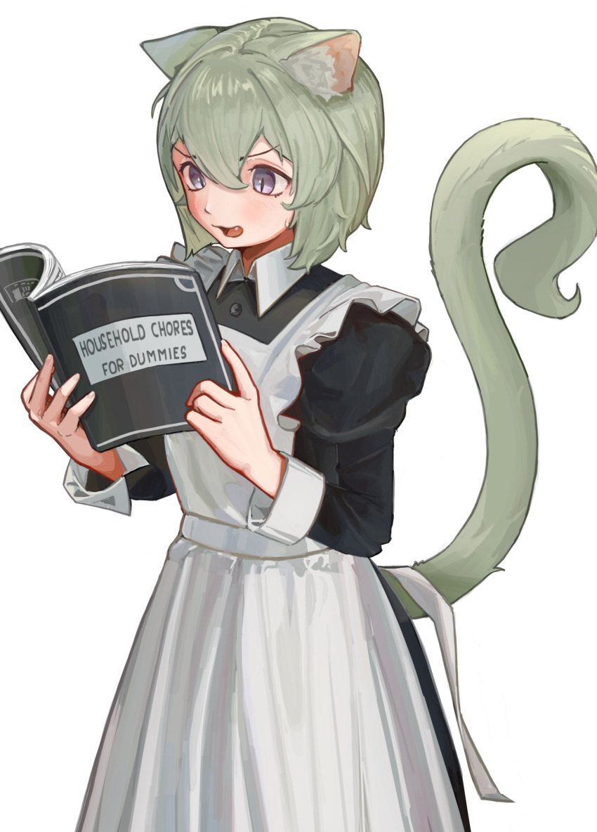 1girl, animal_ear_fluff, animal_ears, apron, blush, book, cat_ears, cat_girl