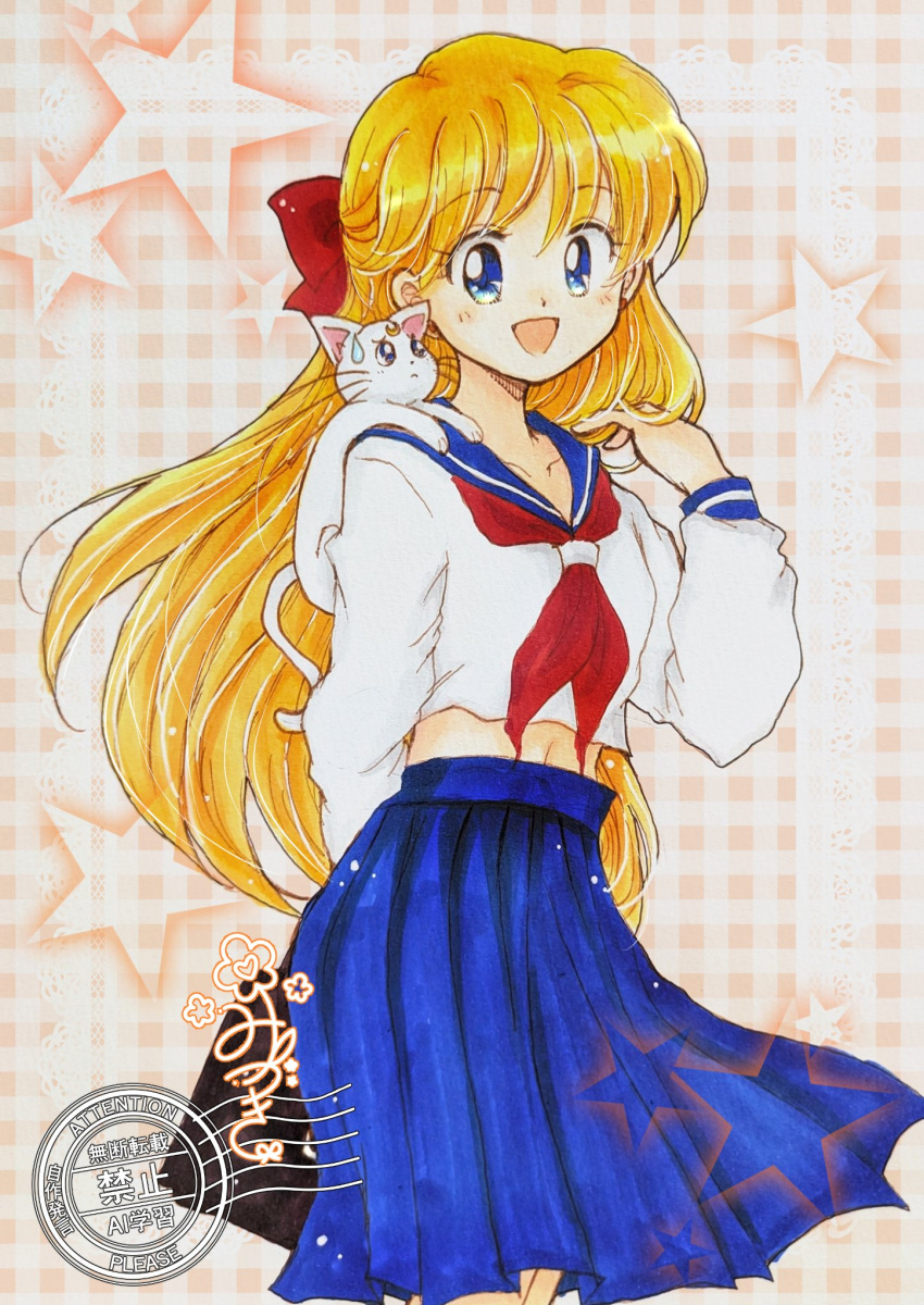 1girl, aino_minako, animal, animal_on_shoulder, arm_behind_back, artemis_(sailor_moon), artist_name, bag
