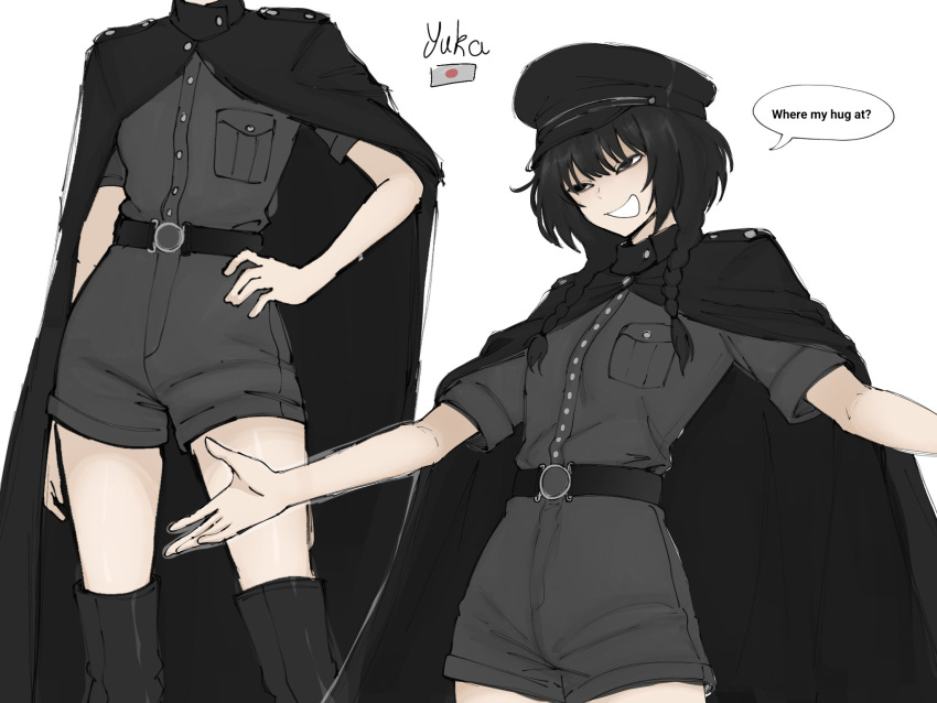 1girl, belt, black_hair, cape, character_name, commentary, english_commentary, english_text