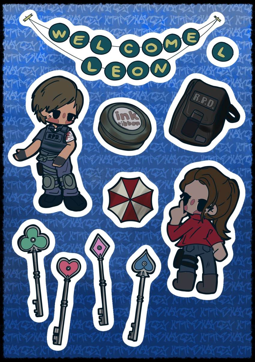 1boy, 1girl, bandaged_arm, bandages, black_gloves, blue_vest, brown_hair, character_name