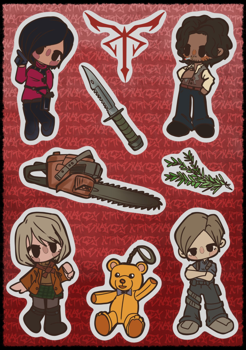 2boys, 2girls, ada_wong, animal_charm, ashley_graham, bear_charm, black_gloves, black_hair