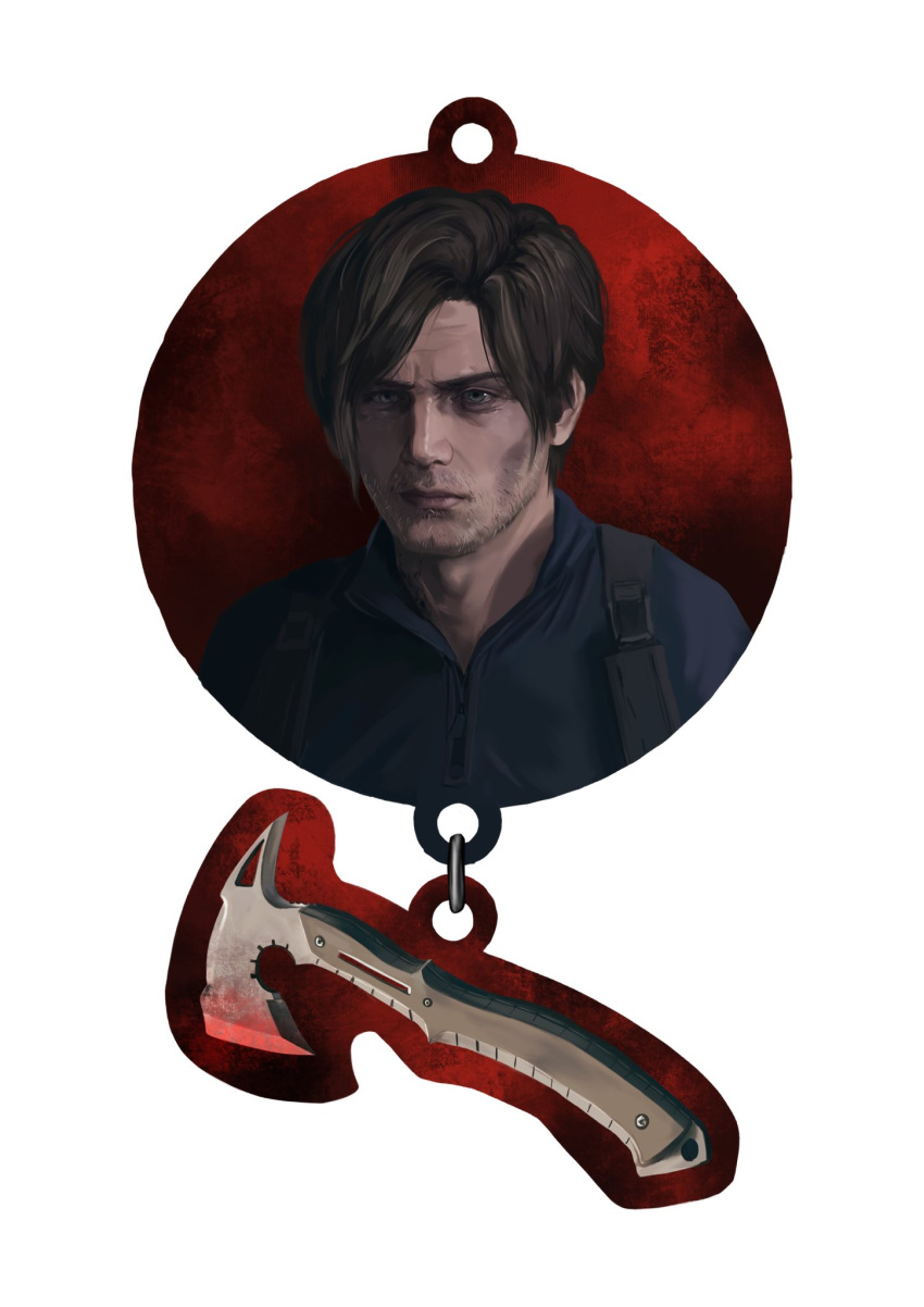 1boy, aegyo_sal, axe, beard_stubble, blue_shirt, brown_hair, chest_holster, facial_hair, furrowed_brow, hatchet_(axe), highres, httpshayley7, leon_s._kennedy, male_focus, mature_male, portrait, resident_evil, resident_evil_requiem, shirt, short_hair, solo, stubble, sunken_cheeks, wrinkled_skin