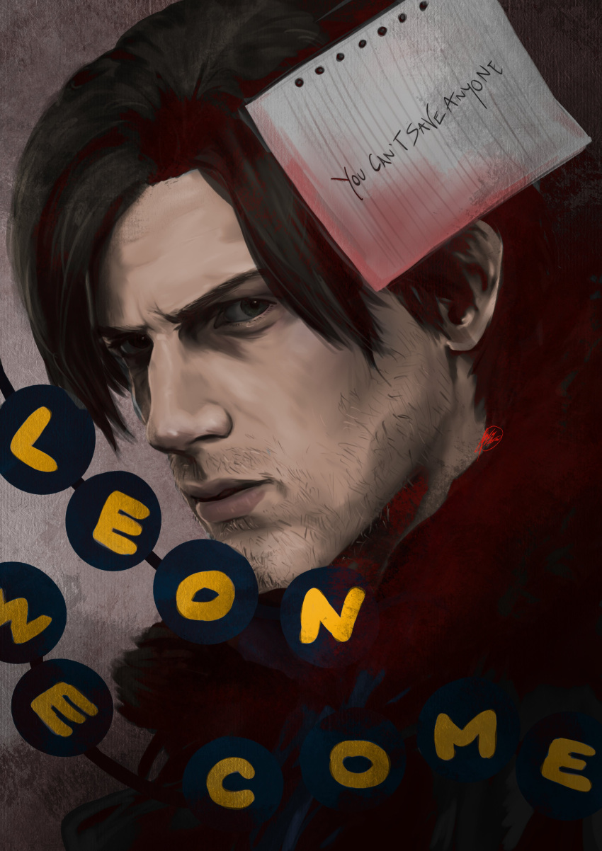 1boy, absurdres, aegyo_sal, beard_stubble, character_name, commentary, english_commentary, facial_hair, fur_trim, highres, httpshayley7, jacket, leon_s._kennedy, looking_at_viewer, male_focus, narrowed_eyes, note, portrait, resident_evil, resident_evil_requiem, serious, short_hair, solo, stubble