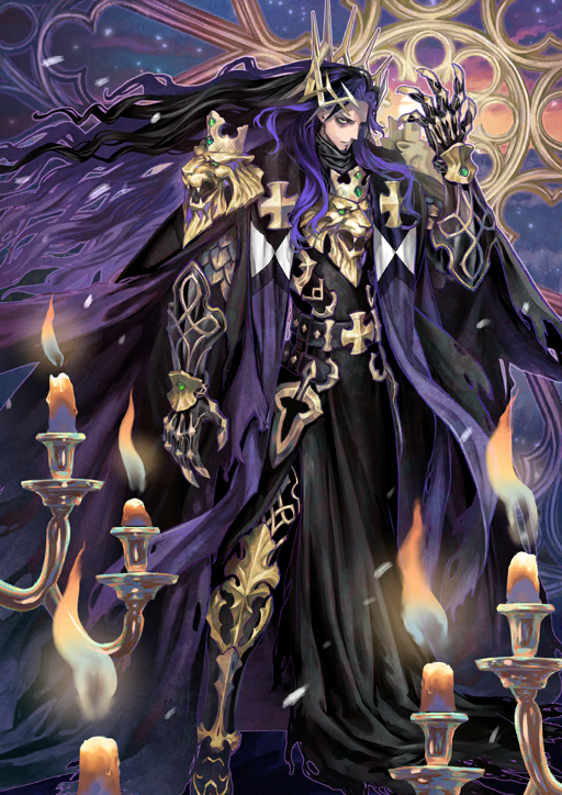 1boy, azuma_toh, black_boots, black_cape, black_hair, black_robe, boots, candle, cape, claws, cross, crown, curtained_hair, facial_hair, fate/grand_order, fate_(series), feet_out_of_frame, floating_hair, game_asset, gauntlets, goatee, greek_cross, hand_up, john_lackland_(fate), john_lackland_(third_ascension)_(fate), long_hair, male_focus, mature_male, multicolored_hair, official_art, purple_hair, robe, solo, third-party_source, two-tone_hair, very_long_hair