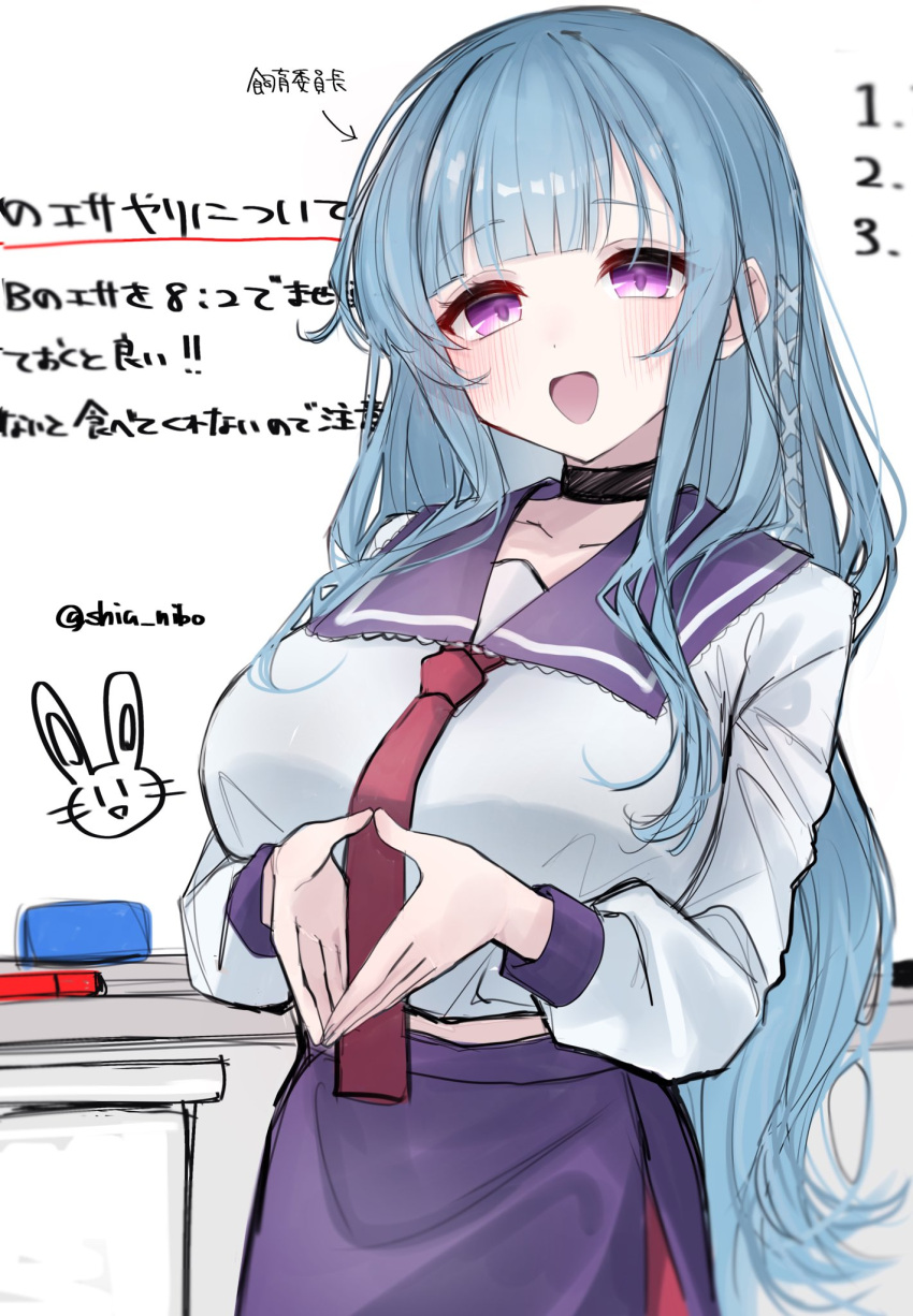 blue_hair, blush, board_eraser, breasts, choker, collarbone, commentary_request, highres