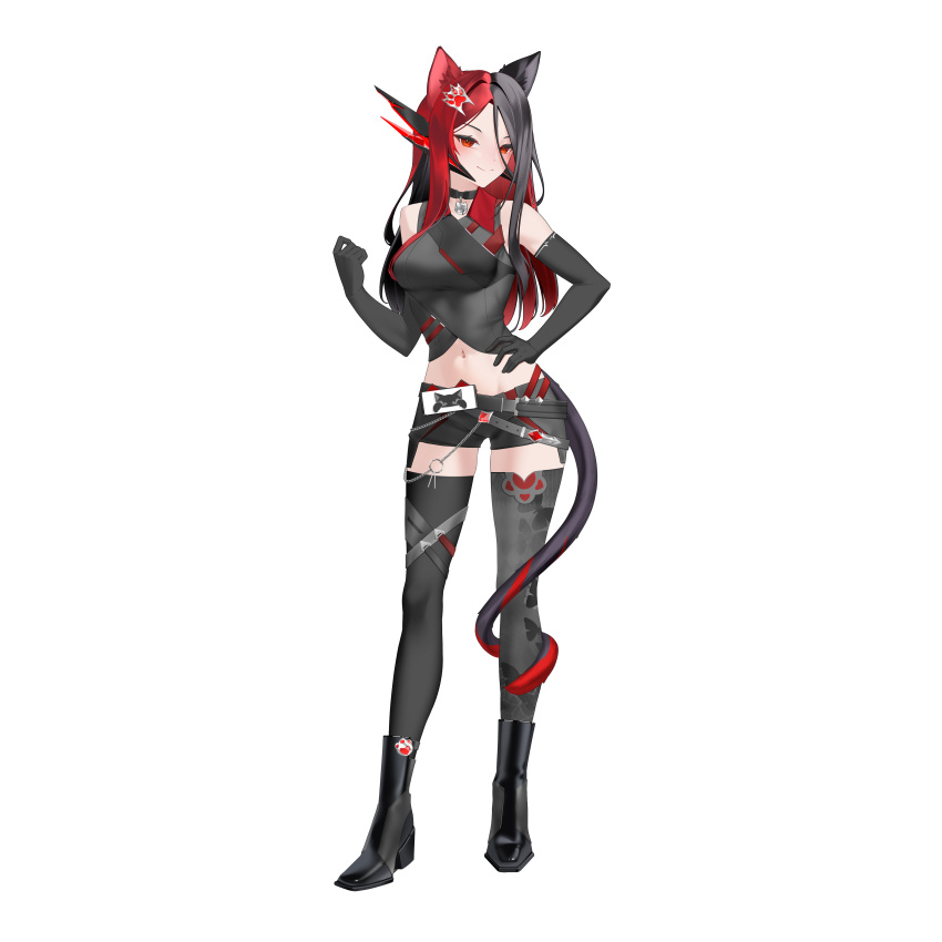 1girl, absurdres, animal_ears, bare_shoulders, belt, black_hair, boots, breasts