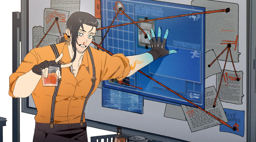 1boy, aqua_eyes, beard_stubble, black_gloves, black_hair, blood, blue_hands, collared_shirt