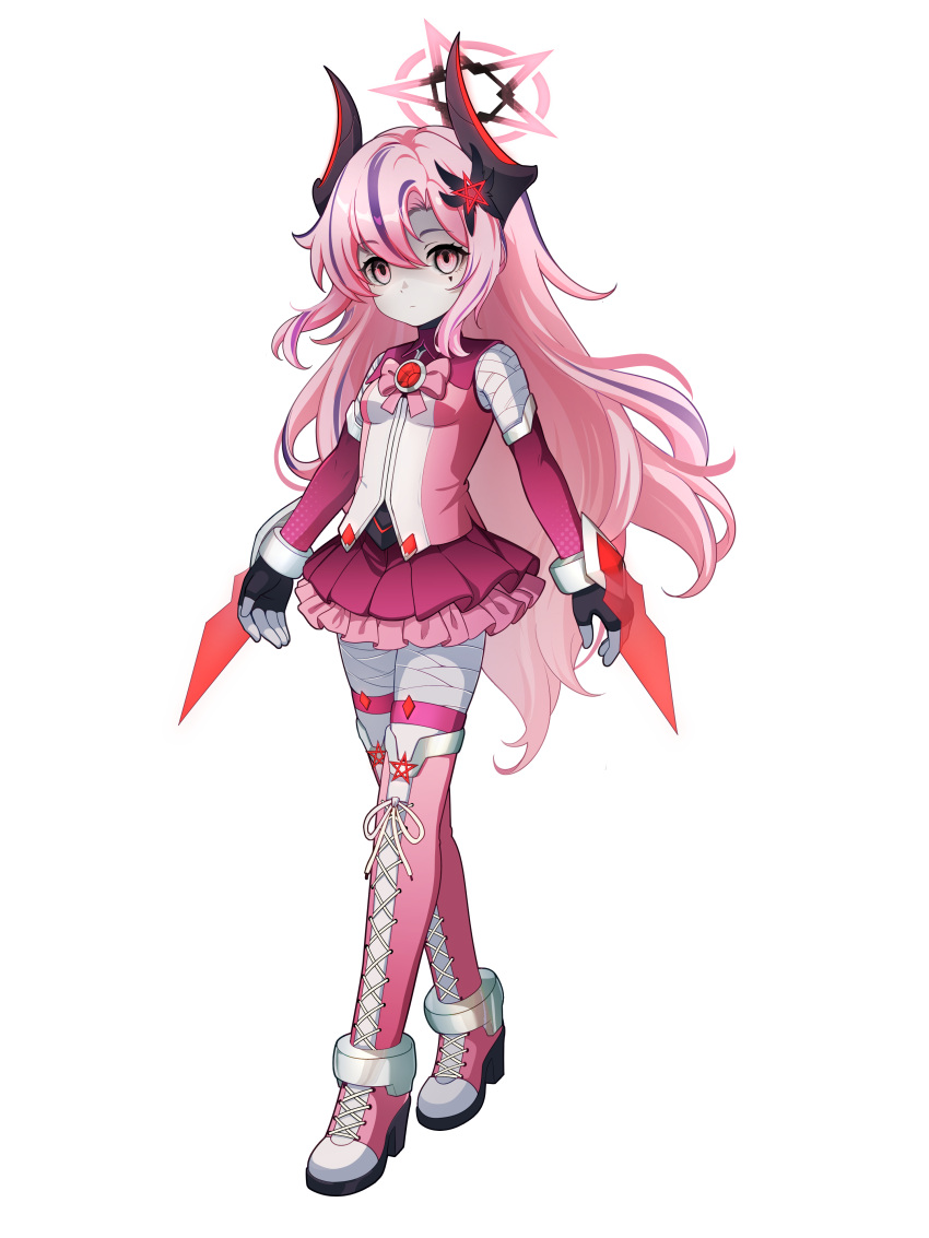 1girl, absurdres, armored_boots, bandages, boots, bow, breasts, chest_bow