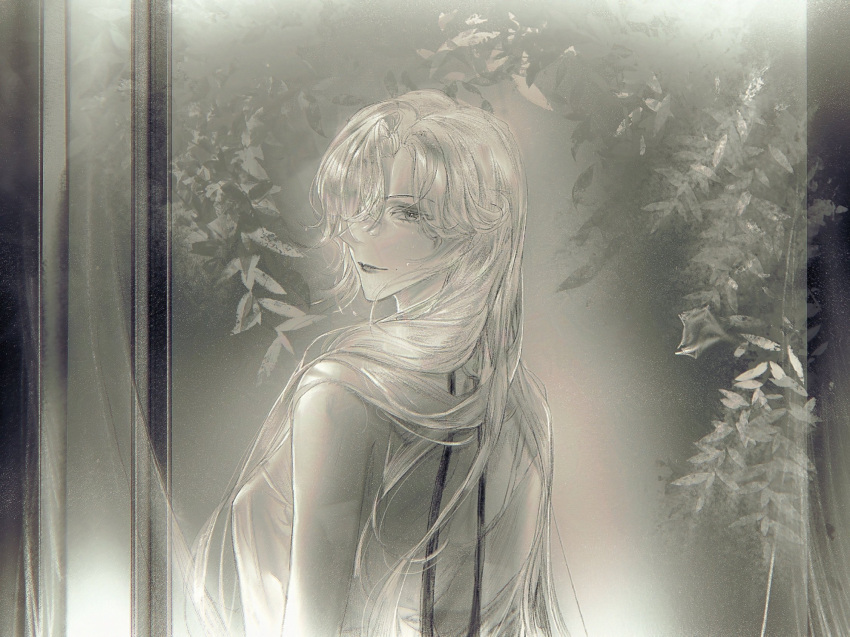 1girl, copyright_request, from_behind, fromy2i, hair_over_one_eye, highres, long_hair, looking_at_viewer