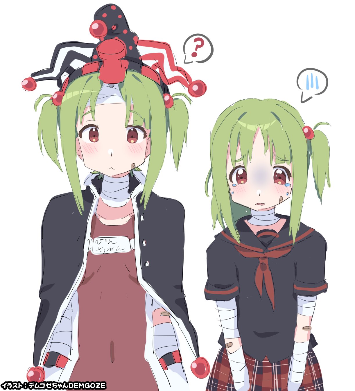 1girl, age_progression, bandaged_head, bandaged_neck, bandages, bandaid, blush, commentary, demgoze, english_commentary, green_hair, hair_bobbles, hair_ornament, hat, highres, jester_cap, looking_at_viewer, nontraditional_school_swimsuit, old_school_swimsuit, one_side_up, personification, pinterest, pinterest-chan_(demgoze), pushpin, pushpin_through_head, red_eyes, school_swimsuit, school_uniform, serafuku, skirt, speech_bubble, swimsuit, tareme, twintails