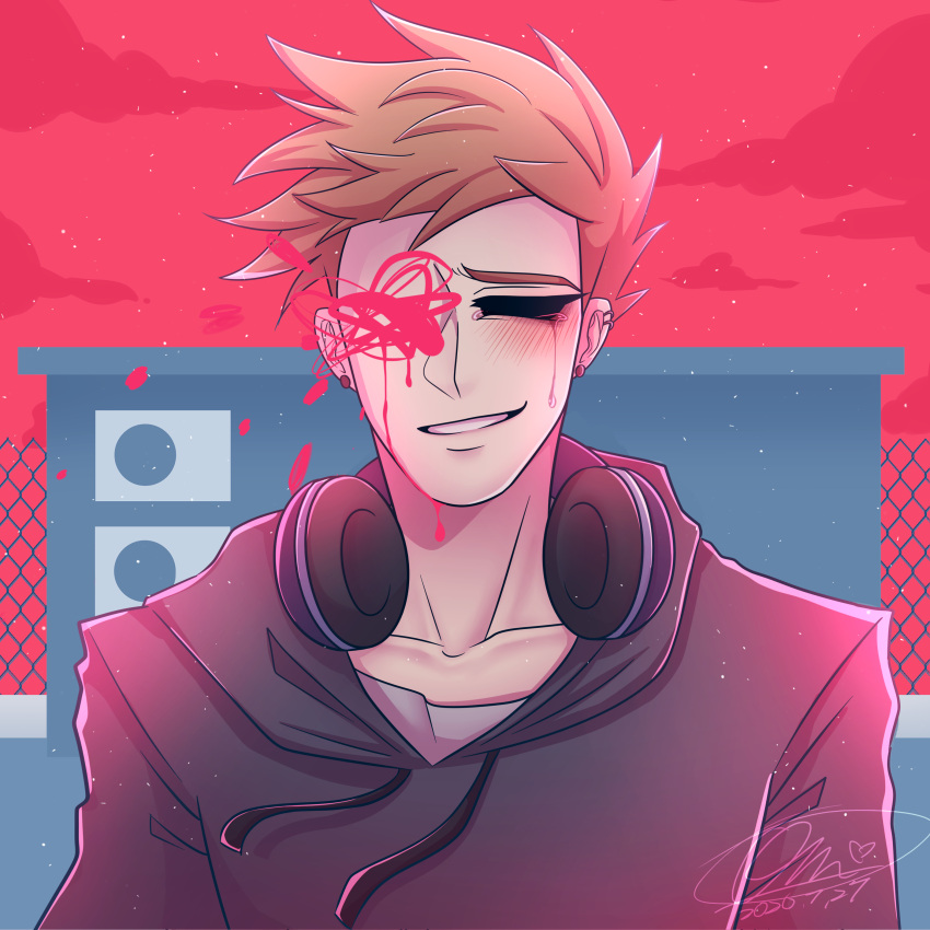 1boy, absurdres, alternate_universe, animification, blood, blue_hoodie, blush, brown_hair