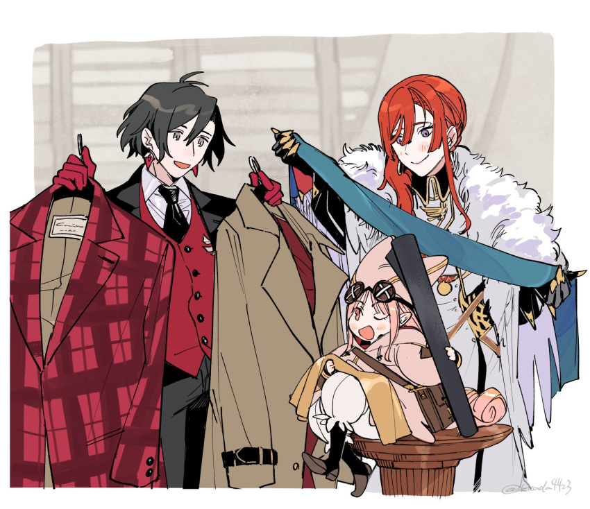 1boy, 2girls, :d, ;d, antenna_hair, asymmetrical_sidelocks, bag, baggy_pants