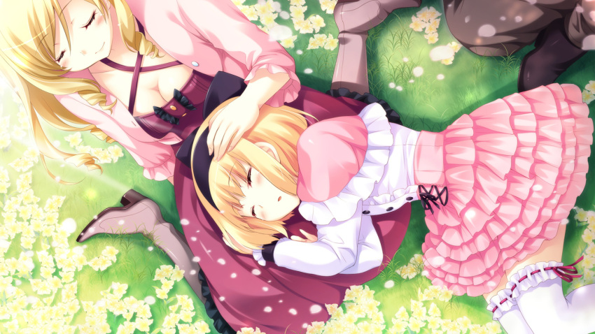blonde_hair, boots, breasts, cleavage, closed_eyes, curly_hair, dress, eyes_closed