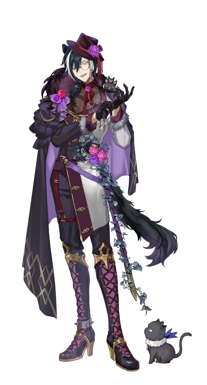 1boy, :d, absurdres, adjusting_clothes, adjusting_gloves, alternate_costume, animal_ears, animal_on_shoulder