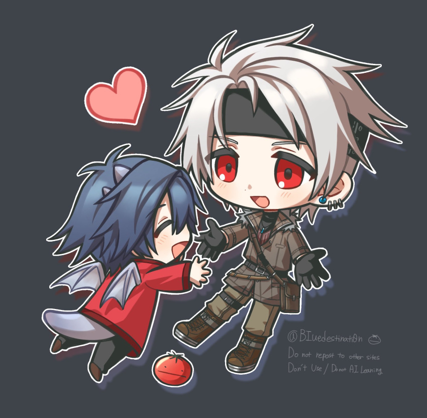 2boys, :d, age_difference, ankle_boots, biuedestinati0n, black_background, black_gloves, black_hair