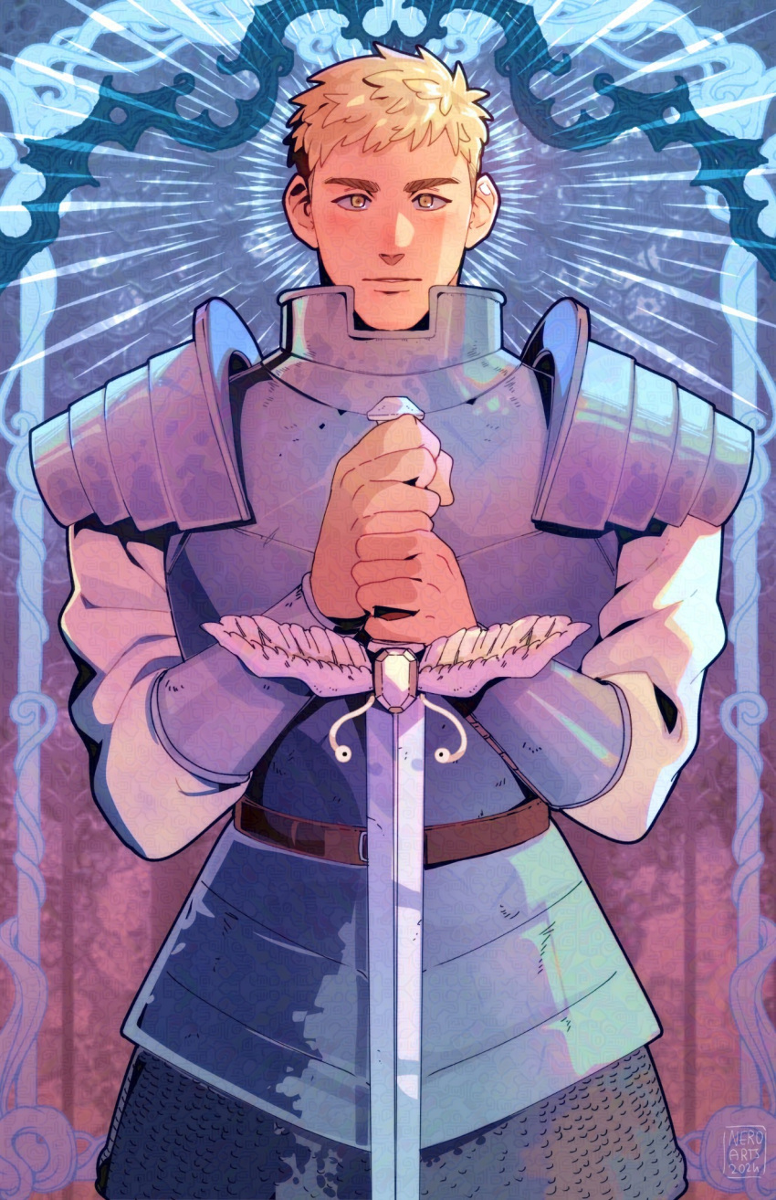 1boy, armor, blonde_hair, chainmail, commentary, cowboy_shot, dungeon_meshi, emphasis_lines