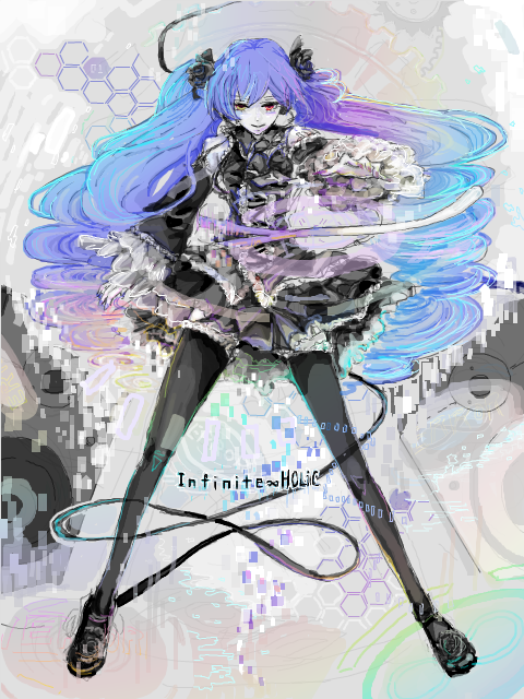 anti_the_holic_(vocaloid), anti_the_infinite_holic_(vocaloid), blue_hair, detached_sleeves, donko, frills, gothic_lolita, gradient_hair, hatsune_miku, heterochromia, legs, lolita_fashion, long_hair, multicolored_hair, purple_hair, red_eyes, skirt, smile, solo, spring_onion, thigh-highs, thighhighs, twintails, very_long_hair, vocaloid