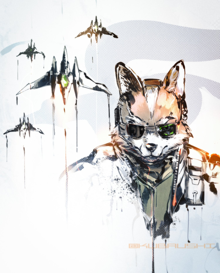 1boy, aircraft, airplane, animal_ears, arwing, brown_fur, eyepatch, fighter_jet