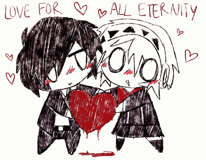 1boy, 1girl, aigis_(persona), belt, blank_eyes, blood, blush, bow