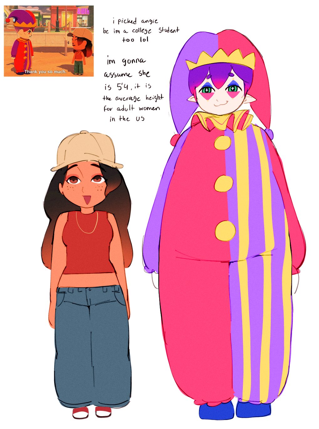 1boy, 1girl, 2girls, :3, angie_(tomodachi_life:_living_the_dream), baggy_pants, baseball_cap, black_hair, blue_pants, brown_eyes, brown_hair, closed_mouth, clown, crop_top, dark-skinned_female, dark_skin, english_text, freckles, full_body, gradient_hair, green_eyes, hat, height_difference, highres, hugh_morris_(tomodachi_life:_living_the_dream), humanization, jester, jester_cap, jewelry, long_hair, looking_at_viewer, midriff, multicolored_eyes, multicolored_hair, multiple_girls, neck_ruff, necklace, open_mouth, pale_skin, pants, paobebebe, personification, pointy_ears, puffy_pants, purple_hair, red_eyes, red_shirt, red_tank_top, reference_inset, shirt, short_hair, simple_background, sleeveless, sleeveless_shirt, smile, standing, tank_top, tomodachi_life, tomodachi_life:_living_the_dream, white_background