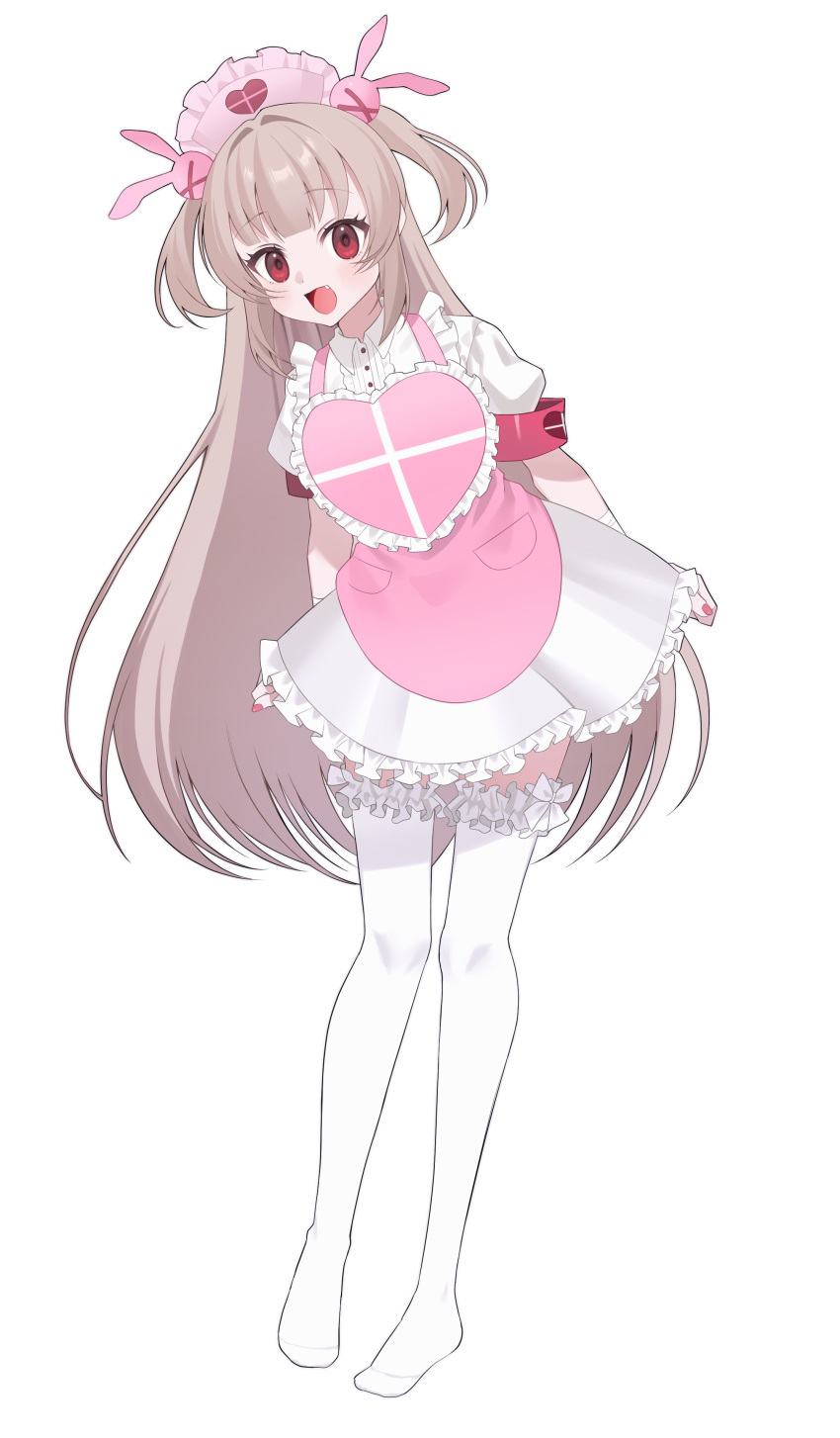 >_<, 1girl, :d, absurdres, apron, armband, blonde_hair, blush, center_frills, collared_dress, commentary, dress, fang, frills, full_body, hair_ornament, hat, heart, highres, long_hair, looking_at_viewer, natori_sana, natori_sana_(nurse), nurse_cap, open_mouth, ozawa_(tuna_316), pink_apron, pink_hat, puffy_short_sleeves, puffy_sleeves, rabbit_hair_ornament, red_armband, red_eyes, sana_channel, short_sleeves, simple_background, smile, solo, standing, thigh-highs, transparent_background, two_side_up, untranslatable_commentary, very_long_hair, virtual_youtuber, white_background, white_dress, white_thighhighs, zettai_ryouiki