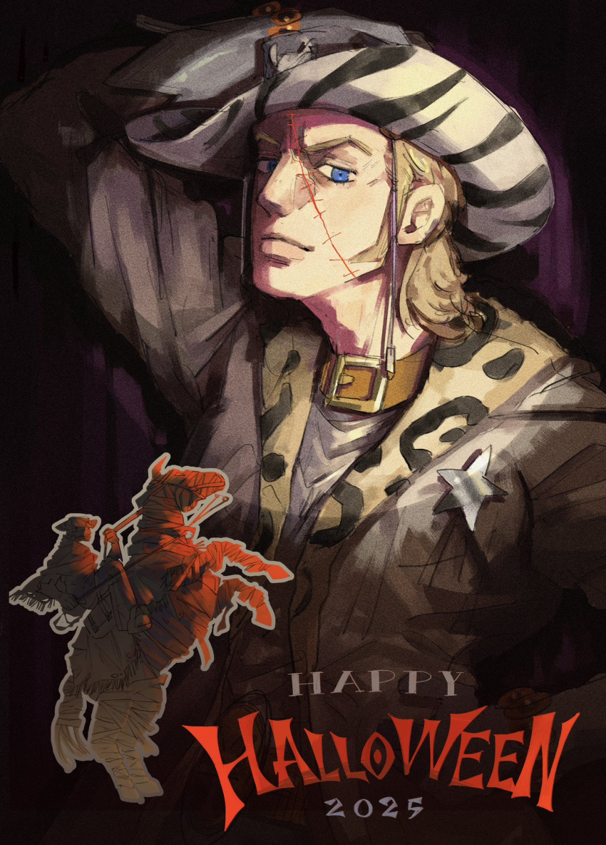 1boy, 2025, animal_print, bandages, belt_buckle, blonde_hair, blue_eyes, brown_collar, buckle, collar, commentary, cowboy_hat, cowboy_western, english_commentary, ghost_rider_in_the_sky_(jojo), hand_on_headwear, happy_halloween, hat, highres, horseback_riding, jojo_no_kimyou_na_bouken, leopard_print, looking_at_viewer, male_focus, masu_zushiumai, mountain_tim, riding, scar, scar_on_face, sheriff_badge, solo, steel_ball_run, stitches, white_hat, zebra_print