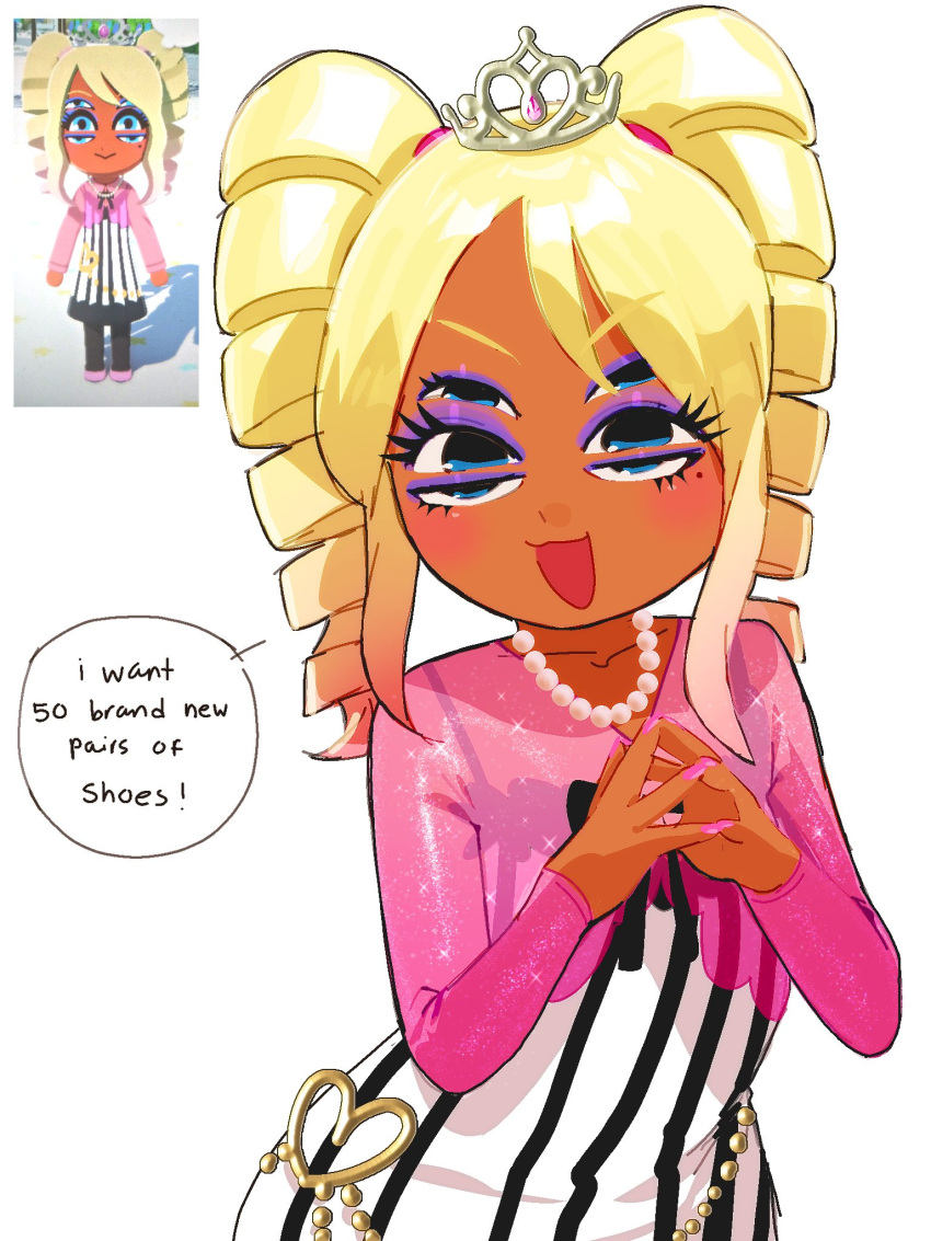 1girl, :3, :d, blonde_hair, blue_eyes, blue_eyeshadow, blush, commentary