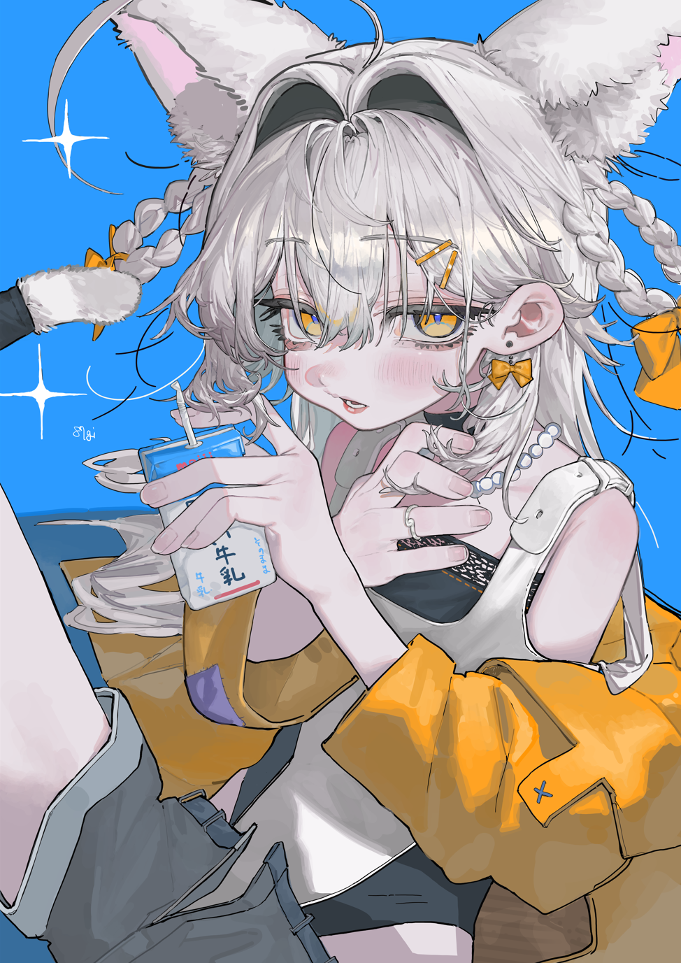 1girl, 87gi, ahoge, animal_ear_fluff, animal_ears, artist_name, bags_under_eyes, bare_shoulders