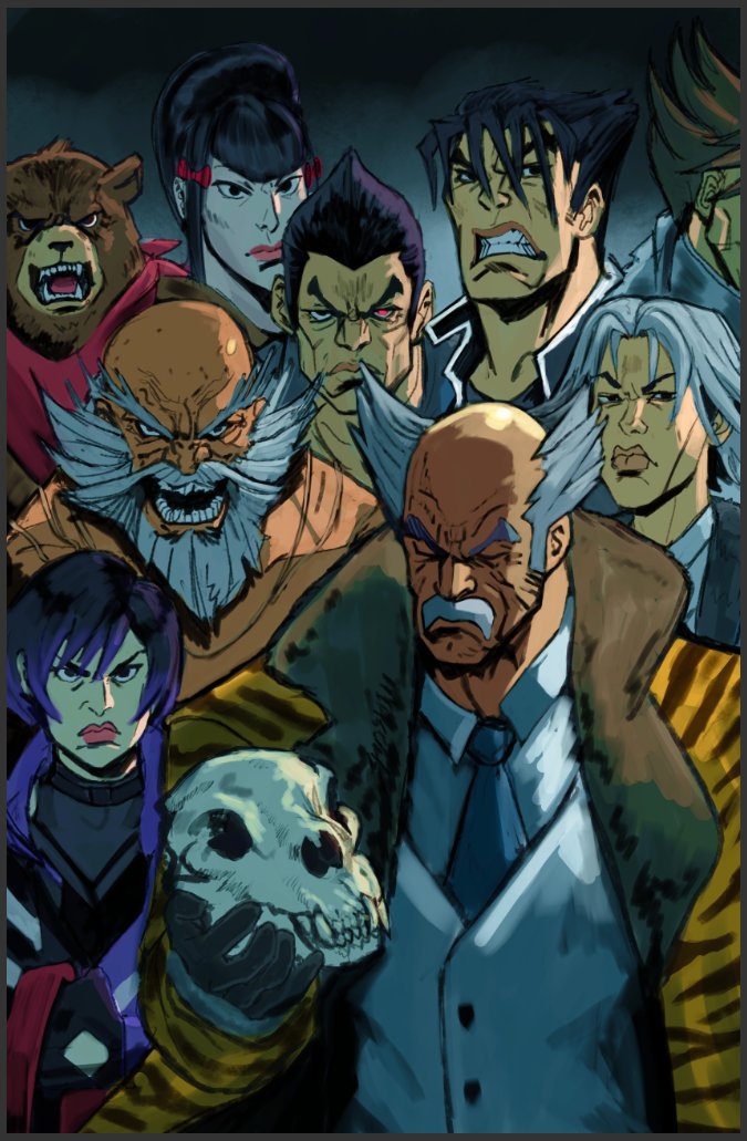 2girls, 6+boys, animal_print, bald, bear, beard, black_hair, blue_necktie