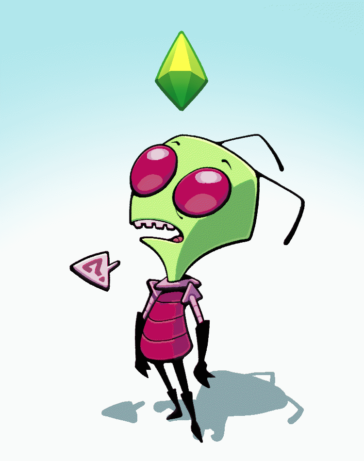 ?, alien, animated, animated_gif, antennae, bald, boots, colored_skin, discount-supervillain, gem, gloves, green_skin, invader_zim, irken, irken_uniform, male_focus, open_mouth, plumbob_(the_sims), speech_bubble, spoken_question_mark, teeth, the_sims, toon_(style), zim_(invader_zim)