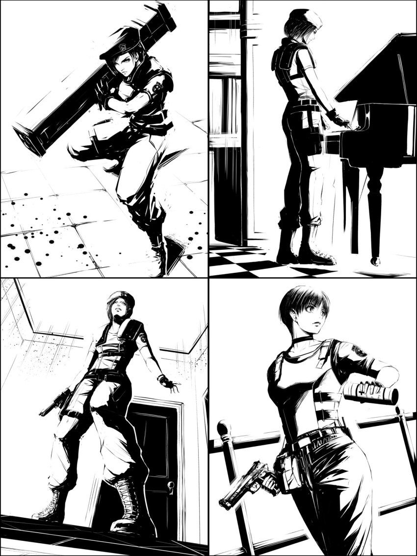 2girls, beret, beretta_92, blade43883059, boots, bulletproof_vest, choker, combat_boots