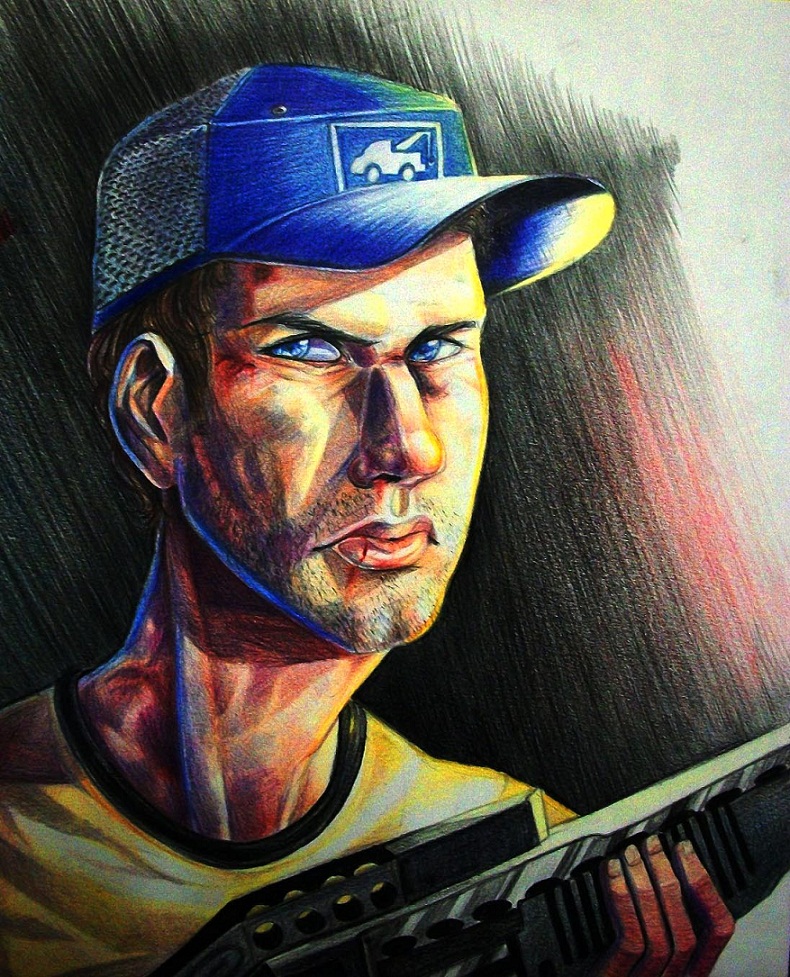 1boy, 2011, baseball_cap, blood, blood_on_face, blue_eyes, brown_hair, civilized-apocalypse