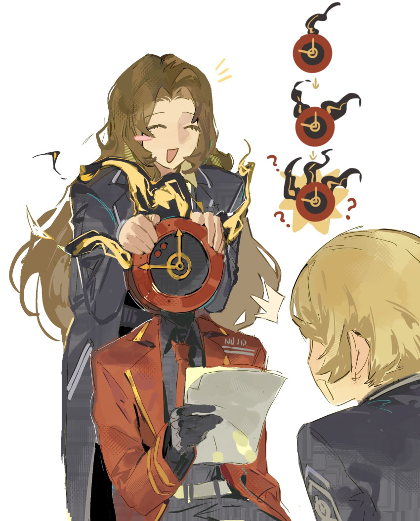 1boy, 1other, blonde_hair, blush_stickers, brown_hair, commentary_request, dante_(limbus_company), highres, hoyapaint, lcb_uniform_(project_moon), limbus_company, long_hair, multiple_hairstyles, open_mouth, project_moon, prosthesis, rodion_(project_moon), simple_background, sinclair_(project_moon), smile, tall_female, white_background