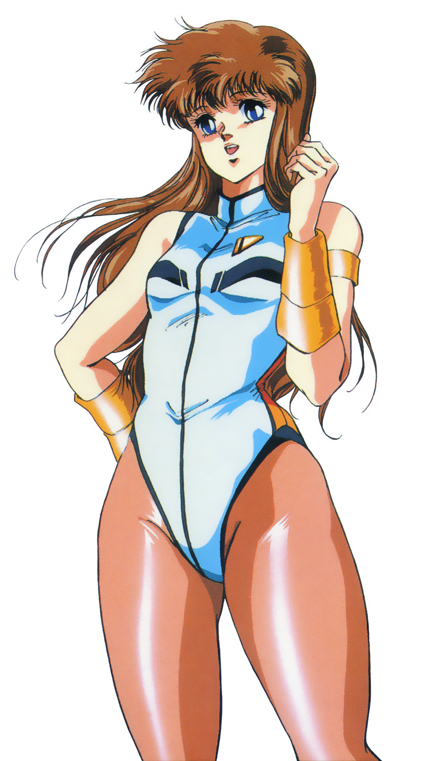 armlet, blue_eyes, bodysuit, bracer, brown_hair, brown_legwear, dangaioh, dangaiou